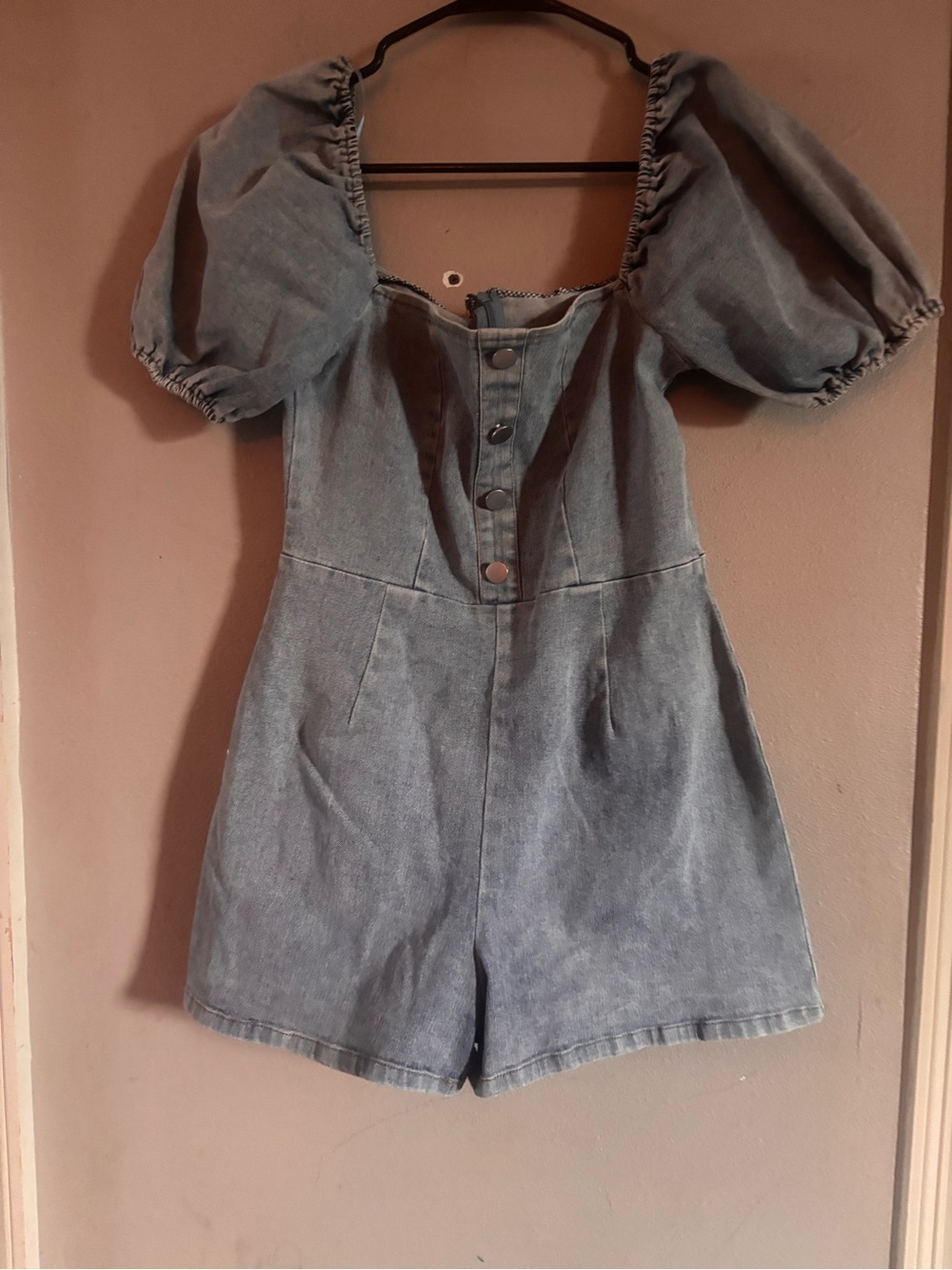 Denim Puff Sleeve Romper in Light Blue